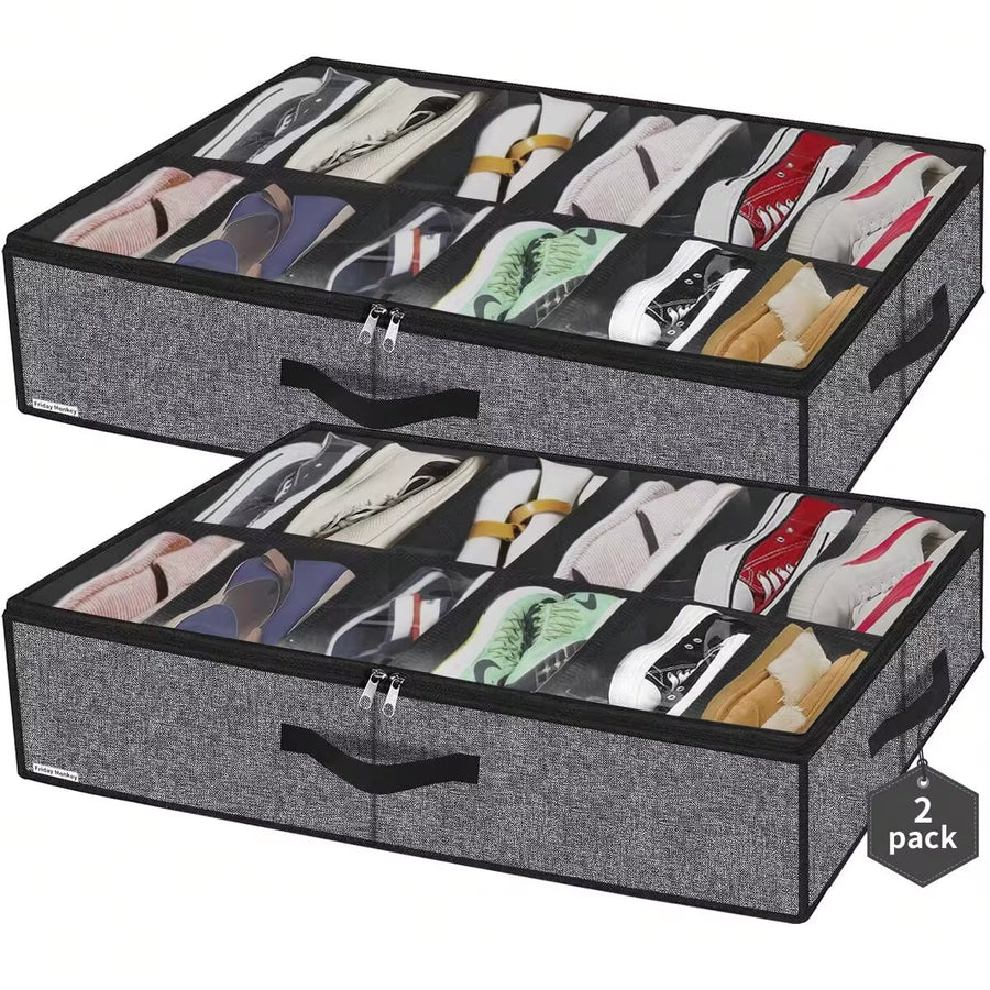 2 Pack Sturdy Under Bed Shoe Storage Organizers, Fit Total 24 Pairs, Large Underbed Closet Shoes Box Container Bag With Clear Cover, Breathable, 29.3x23.6x5.9 Inches(Except For Men's Sports Shoes)
